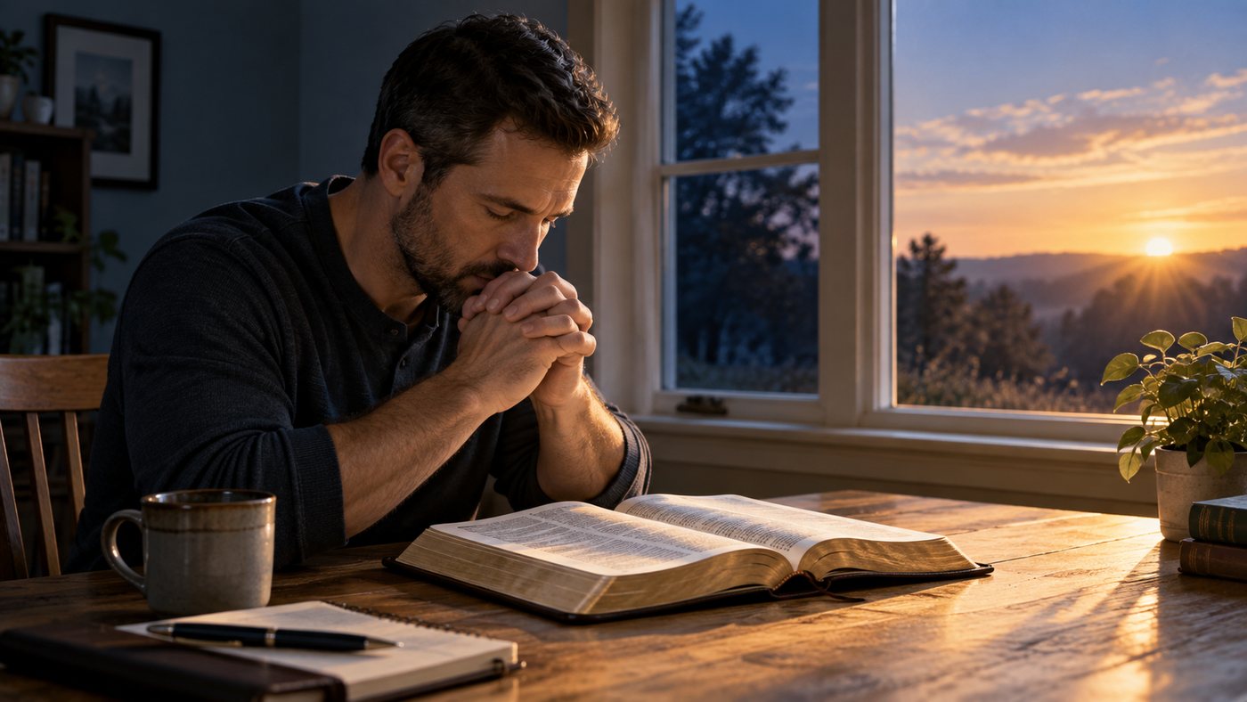A believer praying beside an open Bible as morning light enters the room