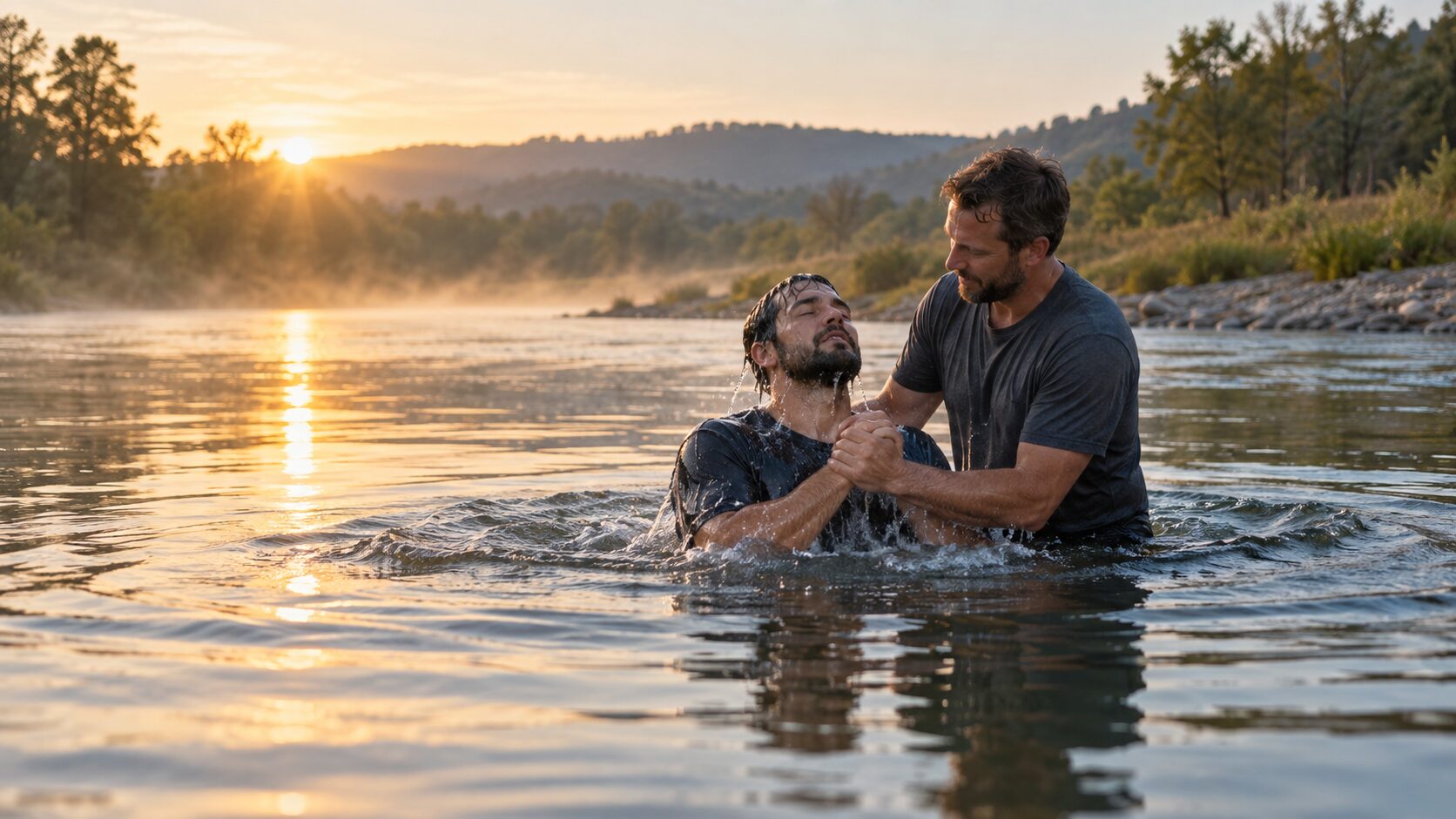 A believer being raised from the water during baptism by immersion