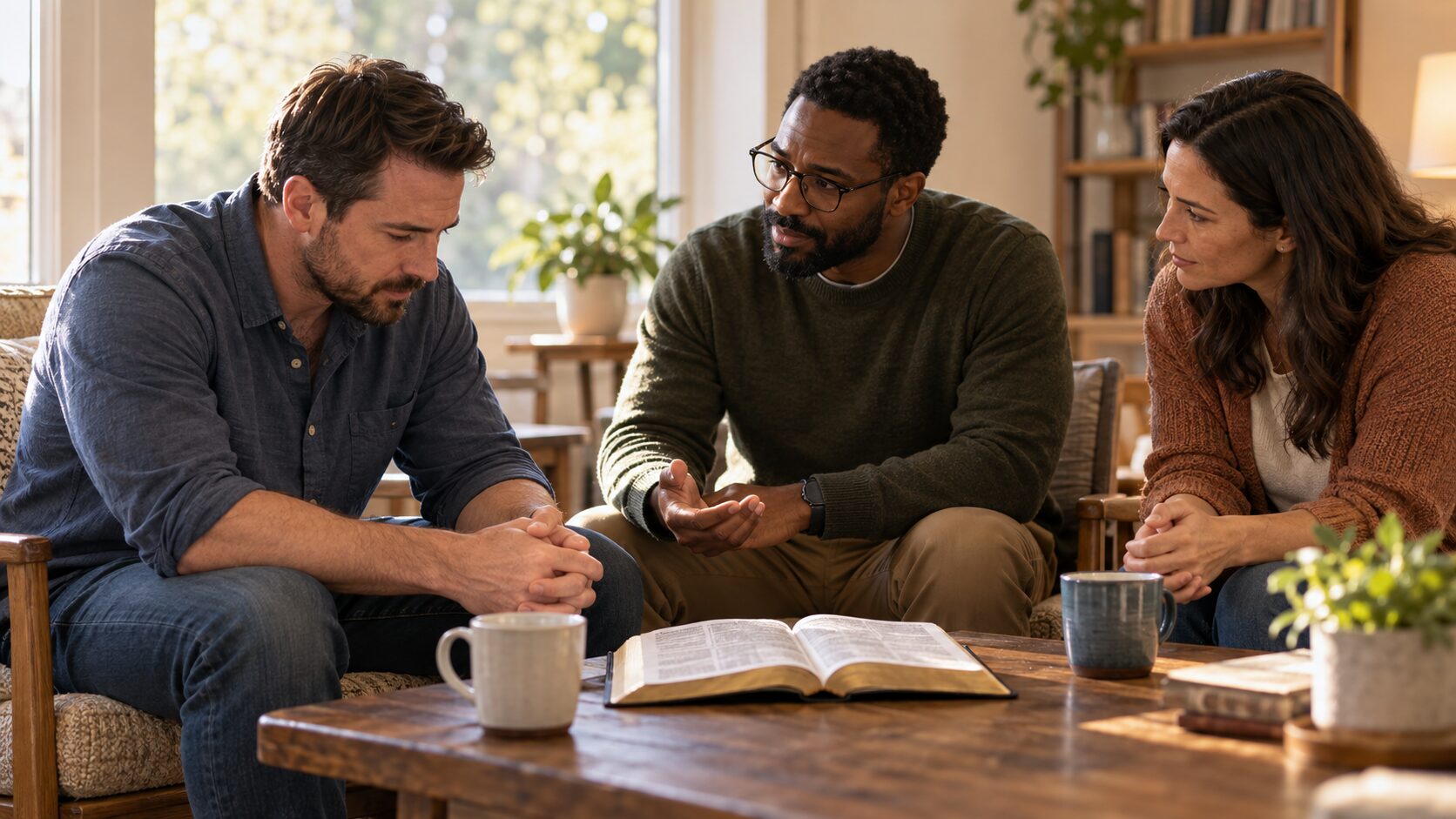Believers discussing Scripture with humility, accountability, and hope of restoration