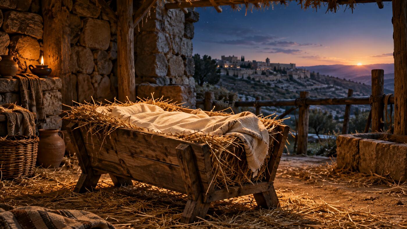 A humble manger with swaddling cloth in a first-century stone shelter near dawn