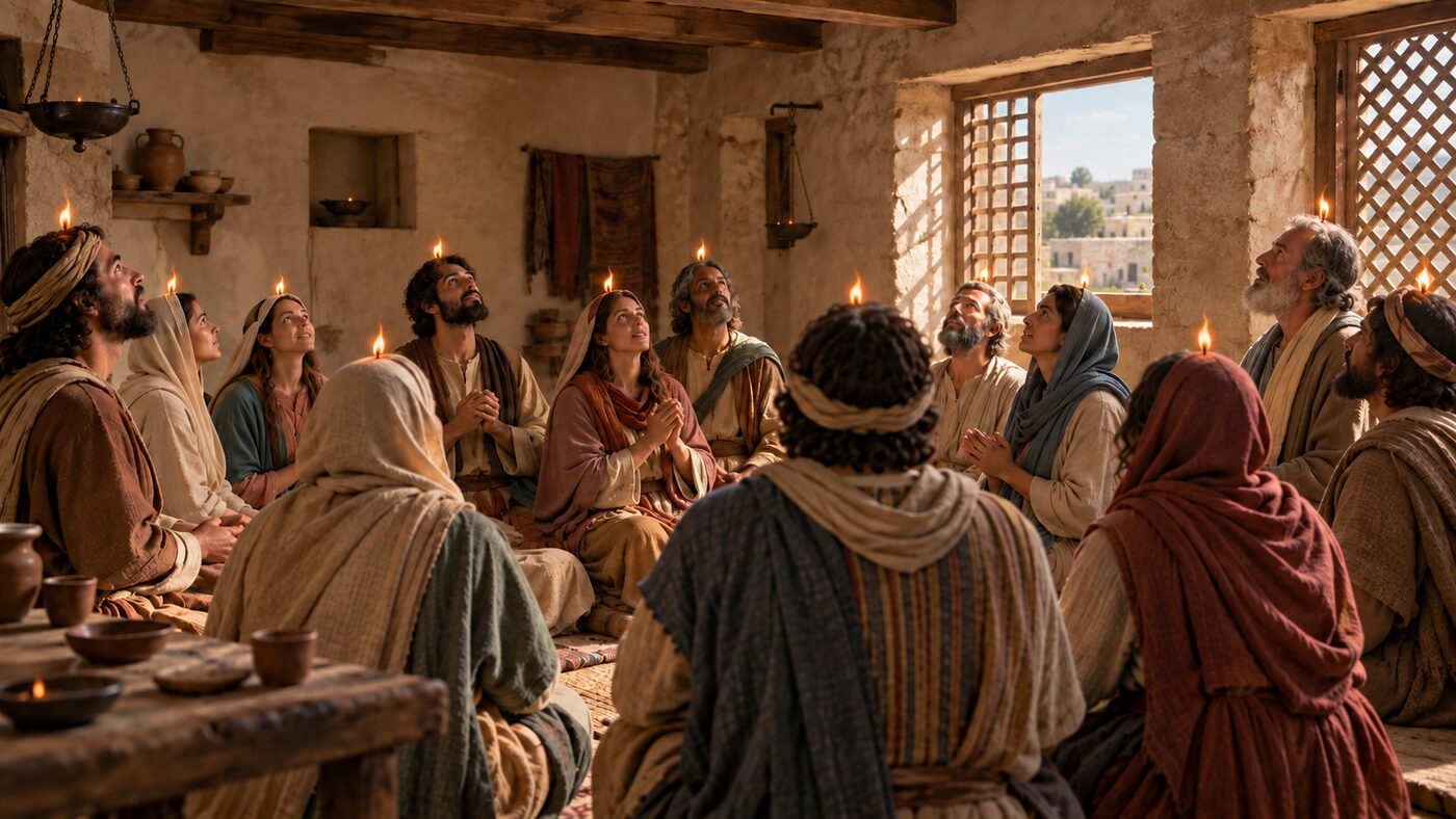 First-century believers gathered prayerfully at Pentecost with small divided tongues as of fire above them