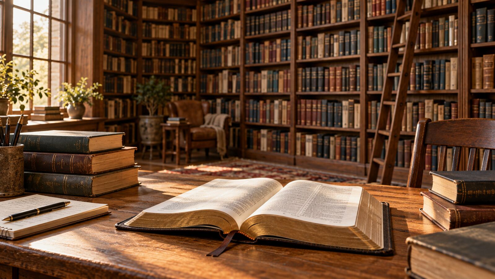An open Bible on a study table before extensive shelves of reference books
