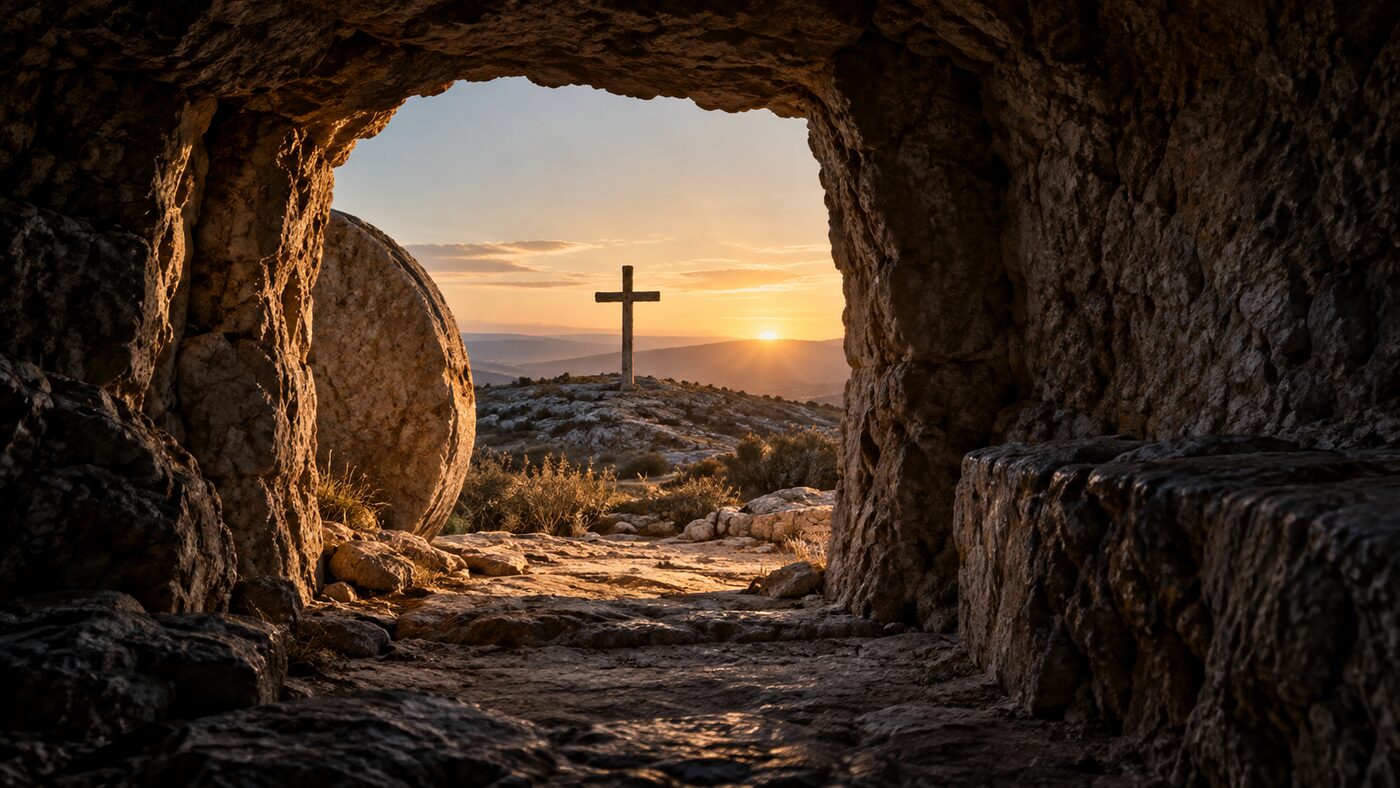 A cross at sunrise viewed from inside an empty rock-cut tomb