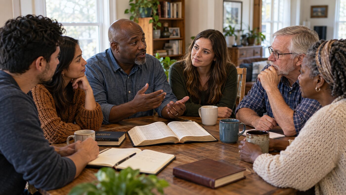 A multigenerational and multiethnic group of believers gathered in a home around an open Bible