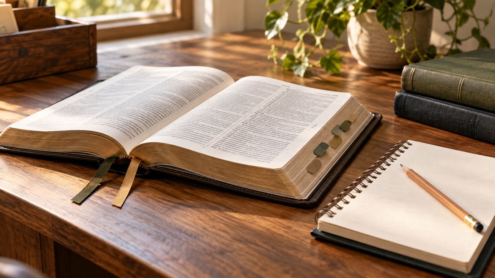 An open Bible beside a notebook and pencil prepared for careful study